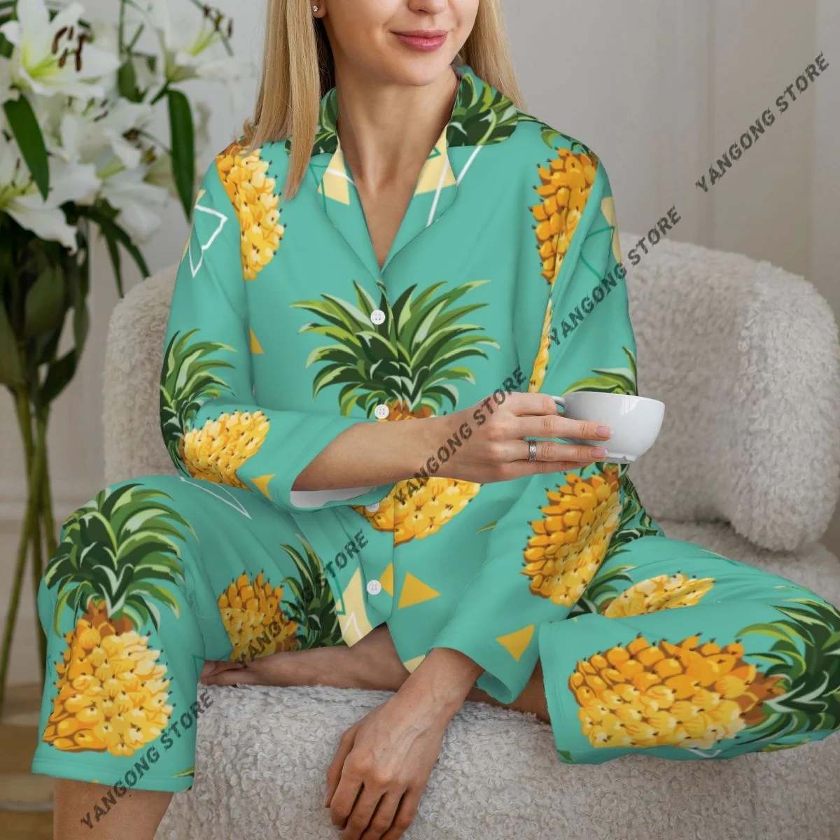 

Spring and Autumn Long Sleeve Pants Pajamas Loungewear Set Triangle Geometric Pineapple Women's Pull Edge Loose Sleeping Suit