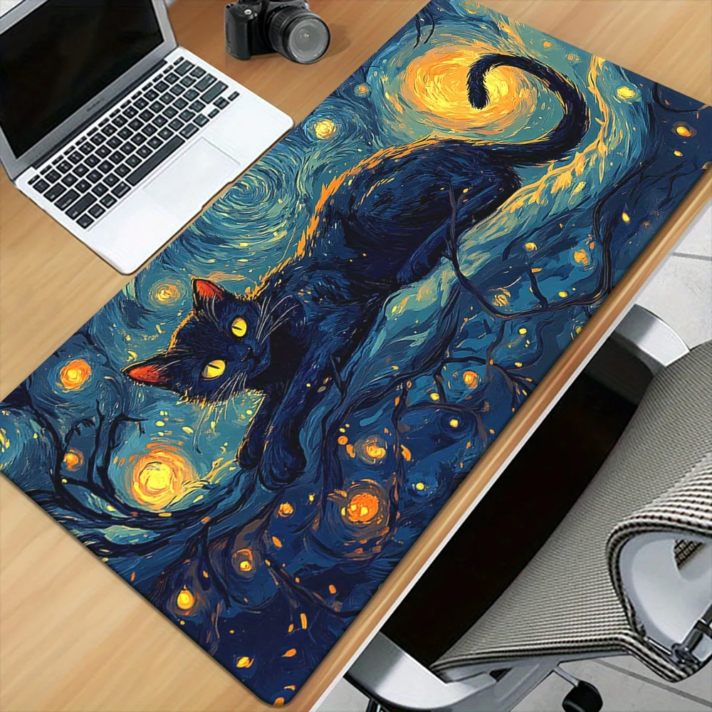 

Van Gogh style black cat anime Mouse Pad Desk Mat Non-Slip Durable Stitched Edge mouse mat Gaming mats mauspad magic playmat