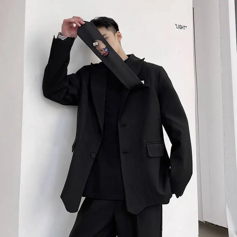 WVGA Spring Autumn New Men Tide Irregular Trendy Turn-Down Collar Blazer Niche Chic Casual Long Sleeve Suit Coat Darkwear W16204