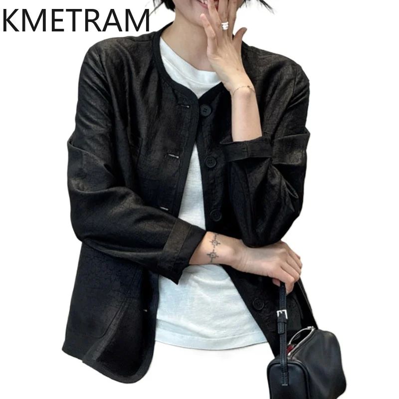 KMETRAM 100% Mulberry Silk Blouse for Woman Xiangyun Sha Black Coat Casual Loose Spring Tops 2026 Premium Women Clothes блузка