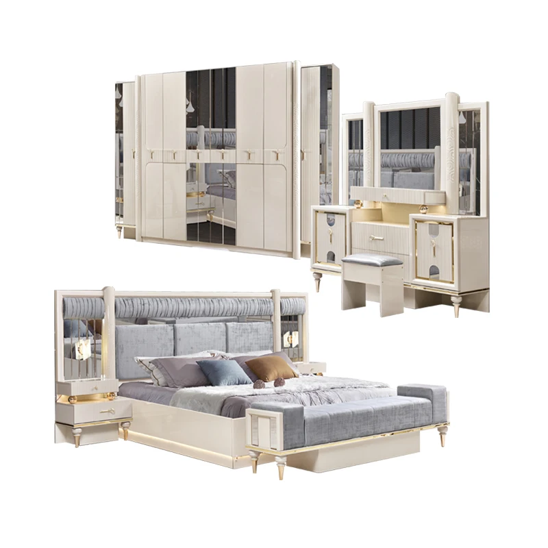 &Luxury king Size Led Headboard Wood Frame Double Bed Home Full Modern Design Wooden MDF Bedroom Furniture Set