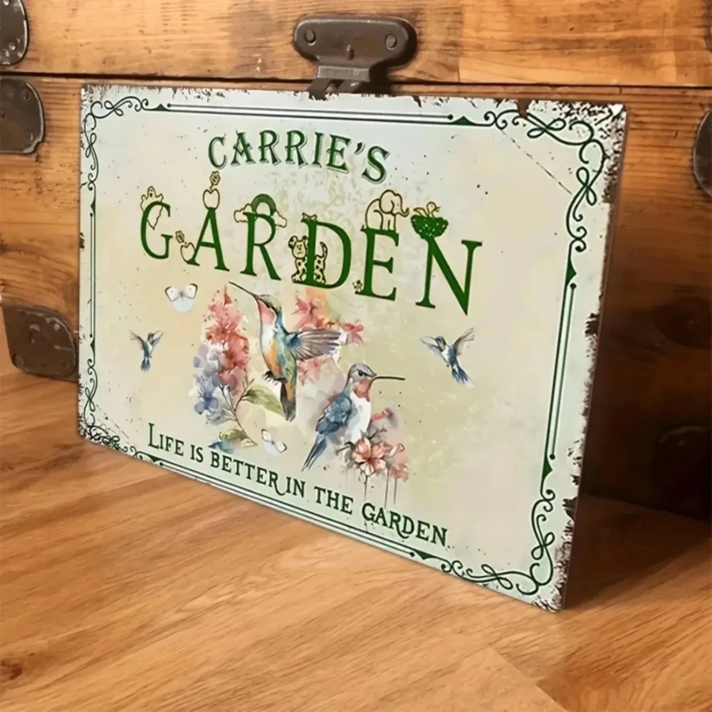 CIFbuy Customizable Vintage Hummingbird Flower Metal Wall Sign, Personalized Text Home Yard Garden Wall Art Ornament