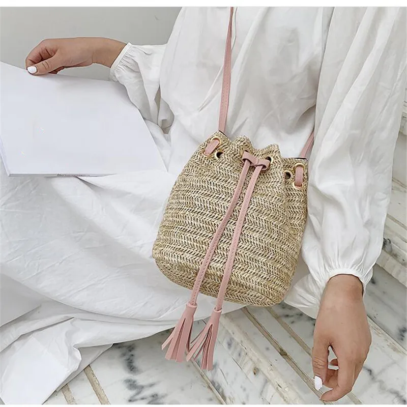 

Drawstring Women's Straw Bucket Bag Summer Woven Shoulder Bags Shopping Purse Beach Handbag Straw Handbags Travel Bag