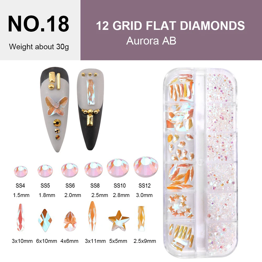 

12 Grids Glitter Aurora AB Crystal Rhinestones Mix Shapes Nail Art Accessories Diy Decorations Nail Charms Free Shipping