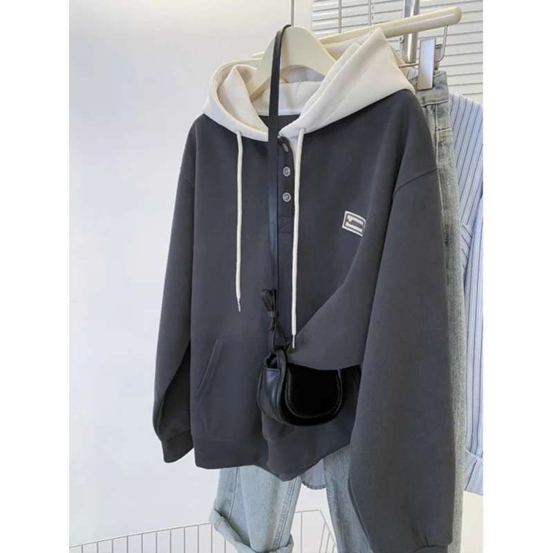 

American Retro Splicing Contrasting Versatile Hooded Sweatshirt Women in Autumn and Winter Plush Design Loose Slim Jacket