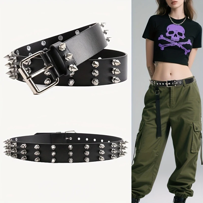 الرجعية برشام جوفاء رصاصة الديكور حزام أزياء جلدية رصع القوطي روك البرية قابل للتعديل المرأة فاسق الحزام الأسود