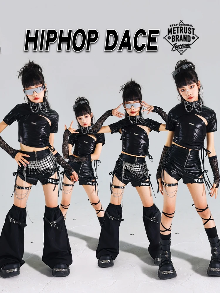

2025 Jazz Modern Dance Costumes For Girls Group Black Leather Kpop Outfits Children Hip Hop Dance Performance Clothes DQS19970
