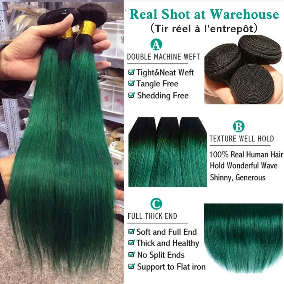 Sexay 1B Emerald Green Human Hair Bundles 3/4 Pcs Lot Pre Colored Ombre Teal Turquoise 100% Straight Human Hair Weave Bundles
