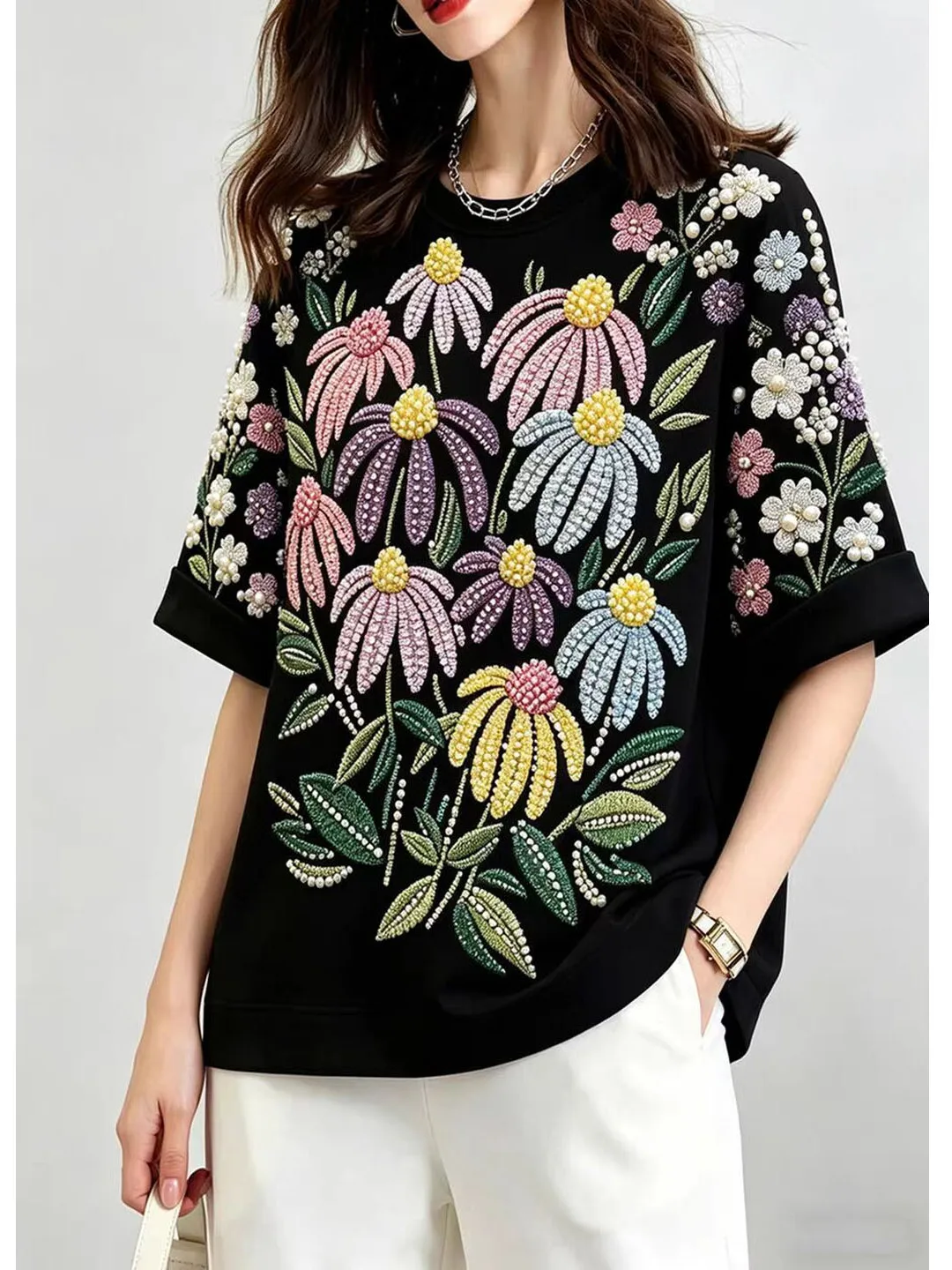 

Fashionable Loose Short Sleeve T-Shirt Women's Commute Style Pearl Embellished Black Floral Print Casual round Neck Top