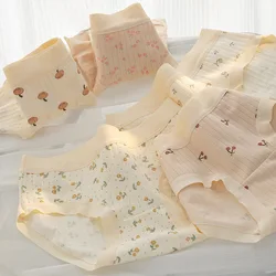 Flower Printed Cotton Seamless Women's Underpants Mid Waist Student Breathable Daily Panties Korean Simple Soft Briefs Lingeie