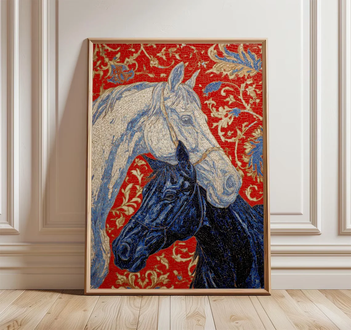 Regal Equestrian Mosaic Wall Art - Timeless Print Celebrating the Grace of Horses. The Deep Red Backdrop and Shimmering Gold Flo