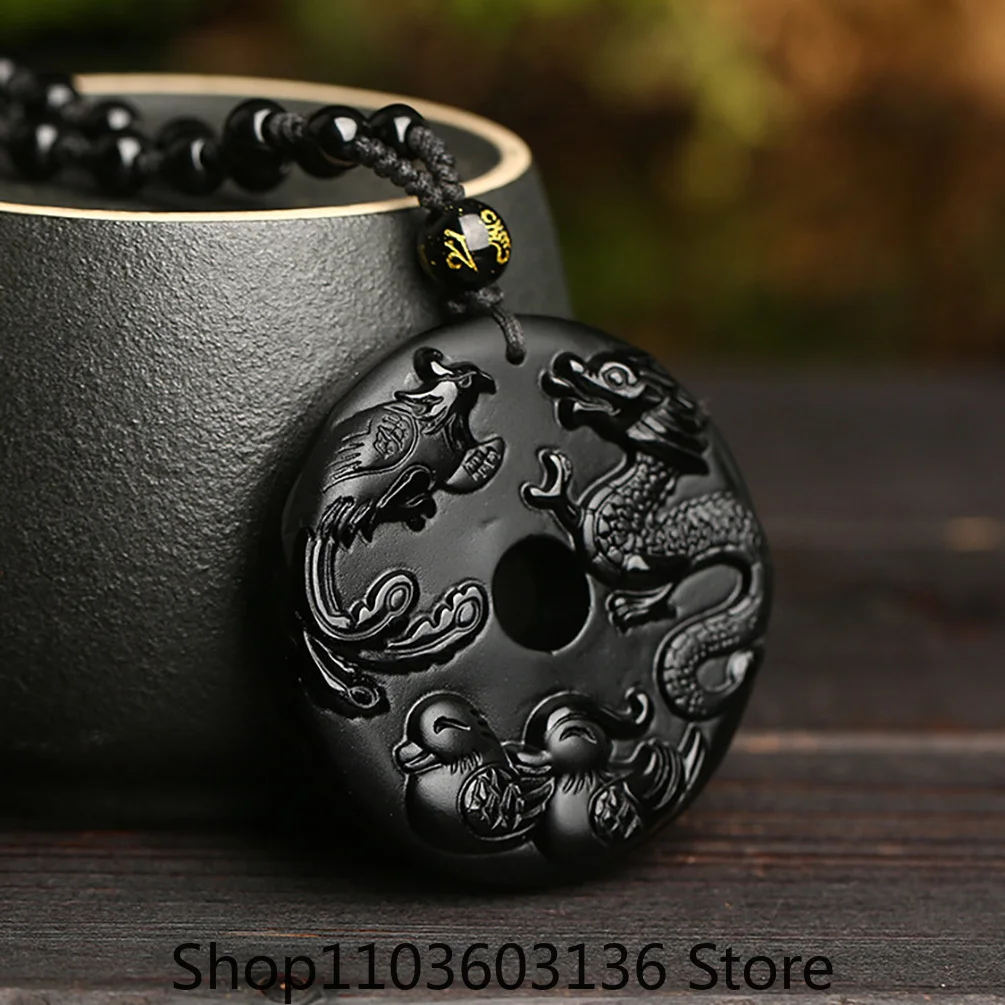 Natural Black Obsidian YINYANG  Mandarin Duck Phoneix Dragon Necklace Pendant Talisman Charm Jewelry