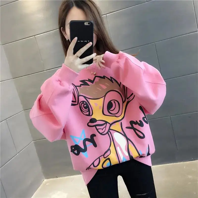 2023 New Korean Loose Pullover Printed Cartoon Hoodies All-match Spring Autumn Solid Color Round Neck Long Sleeve Casual Tops