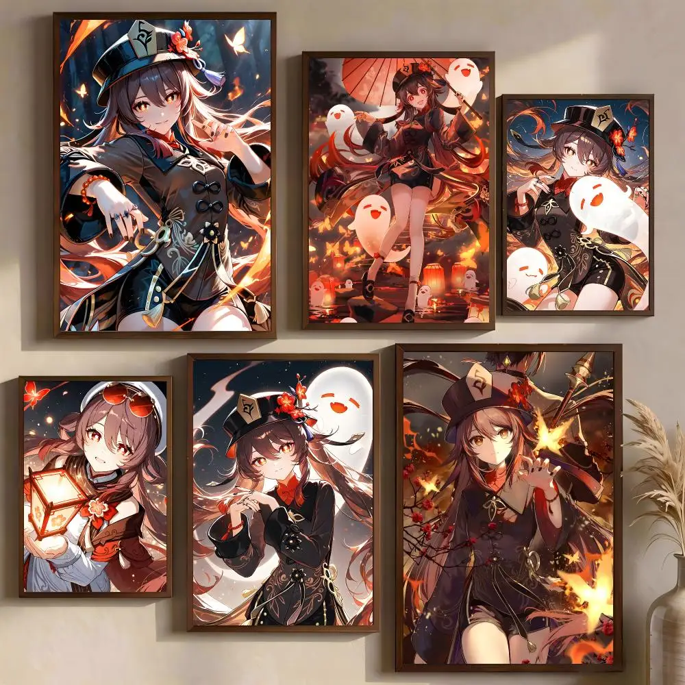 Hot Game G-Genshin I-Impact Hu Tao Cute Poster Easy Install Sticky Backdrop No Glue Needed Premium PP Material Indoor Decor