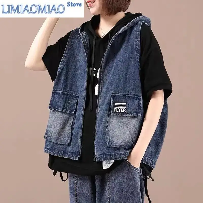 

Women Denim Vest New Spring Summer Korean Version Casual Lady Jacket Sleeveless Hooded Temperament Female Waistcoat Tops