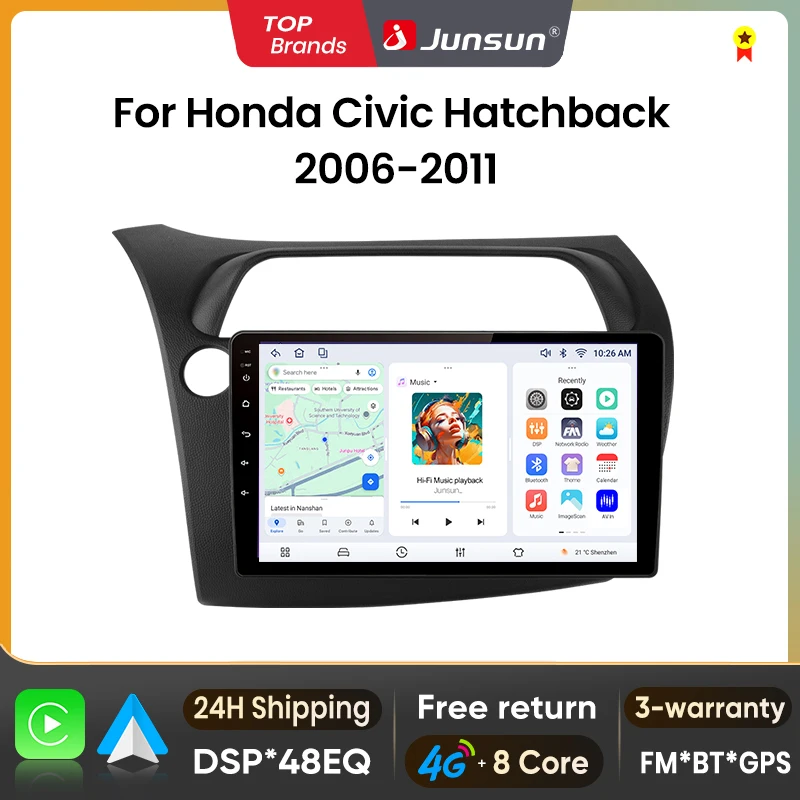 Junsun – autoradio sans fil CarPlay pour Honda Civic Hatchback 2005-2011, 4G, 8 cœurs, WIFI, Navigation GPS, multimédia, 2din, systèmes intelligents pour voiture