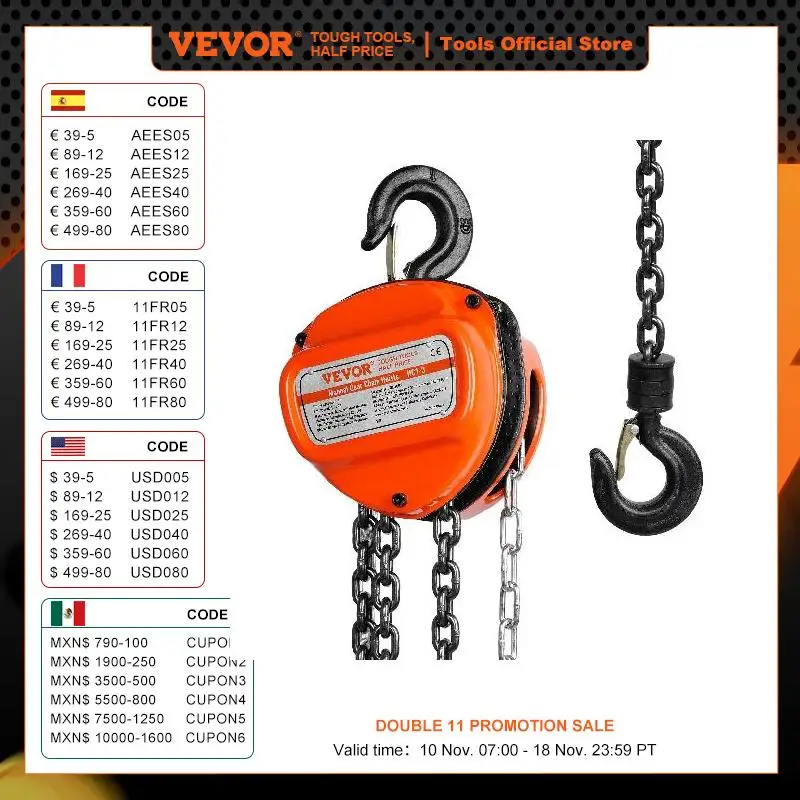 VEVOR 1T/2T Hand Chain Hoist with Double-Pawl Brake Manual Lifting Hoist  Leading 360° Rotation G80 Hook for Garage Factory