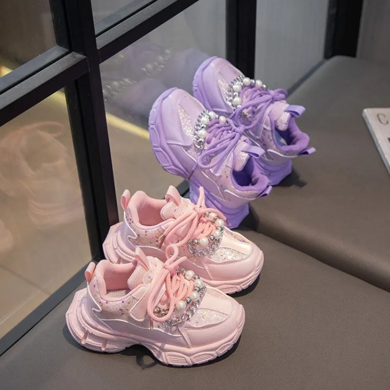 Children's Shoes 2026 New Toddler Girls Sport Shoes Pearl Soft Sole Breathable Outdoor Tennis Fashion Kids Sneakers EU26-37