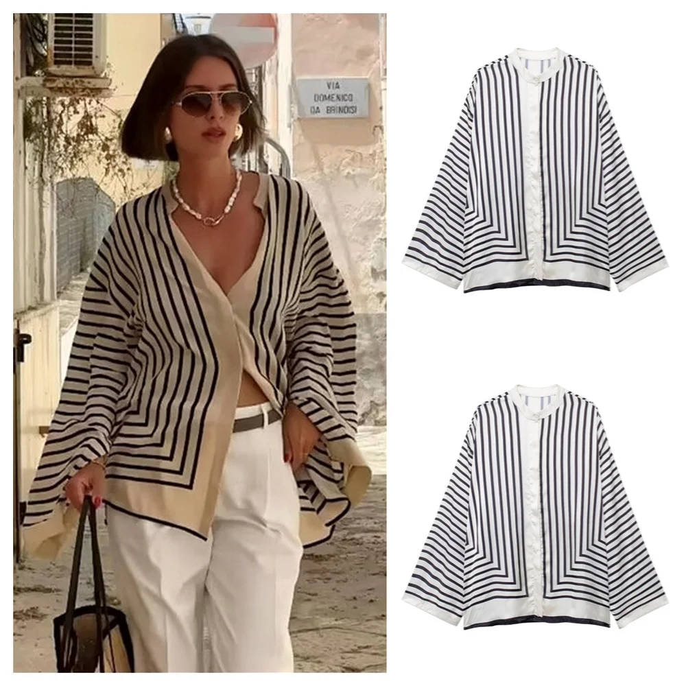 PB&ZA2024 autumn new women\'s clothing fashionable temperament casual loose and versatile striped printed round neck shirt