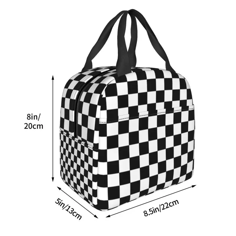 Black And White Checkered Insulated Lunch Tote Bag for Geometric Checkerboard Resuable Cooler Thermal Bento Box Camping Travel