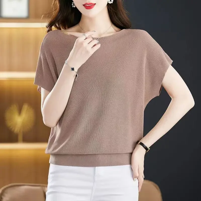 

Korean Simple Commuting Versatile Loose Ice Silk Short Sleeve T-shirt Women's Solid Summer New One Line Neck Bat Sleeve Knit Top