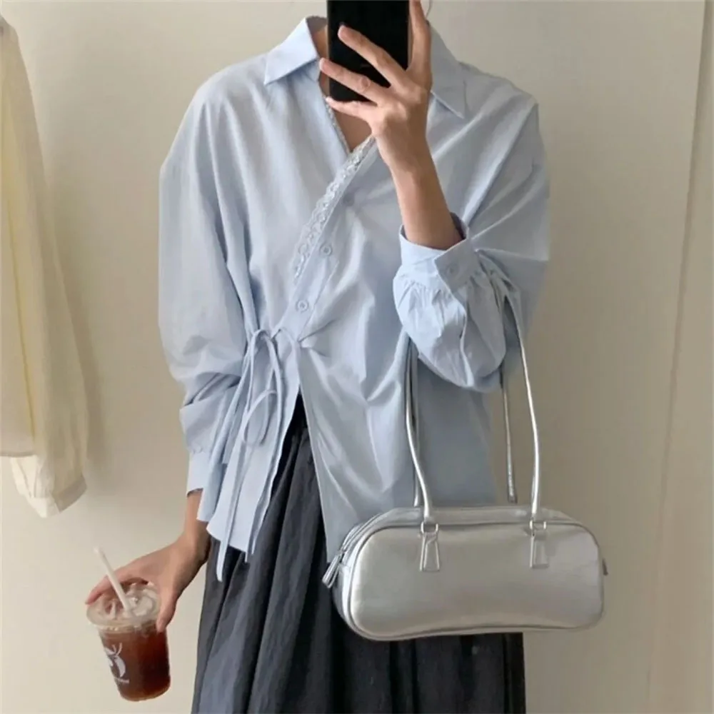 

Retro Lace V-Neck Shirts Women French Patchwork Fashion Irregular Bandage Long Sleeve Shirt Woman Korean Y2k Design White Blouse