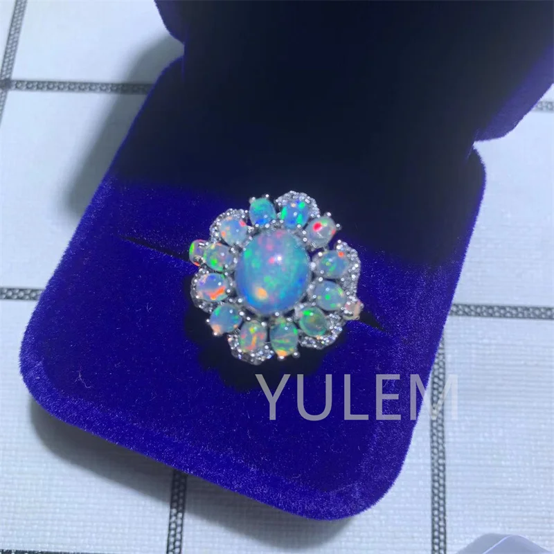 YULEM NEW Arrival Flower Design with 8x10mm Opal and 3x4mm Opal Beautiful Design for Girl Natural Opal Ring