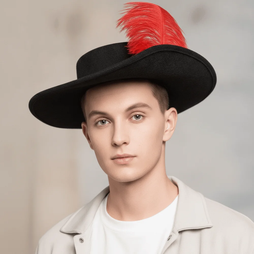 Felt Cavalier Top Hat Wide Brim Flat Top Feather Stage Cap Black Lightweight Masquerade Headwear Halloween Cosplay