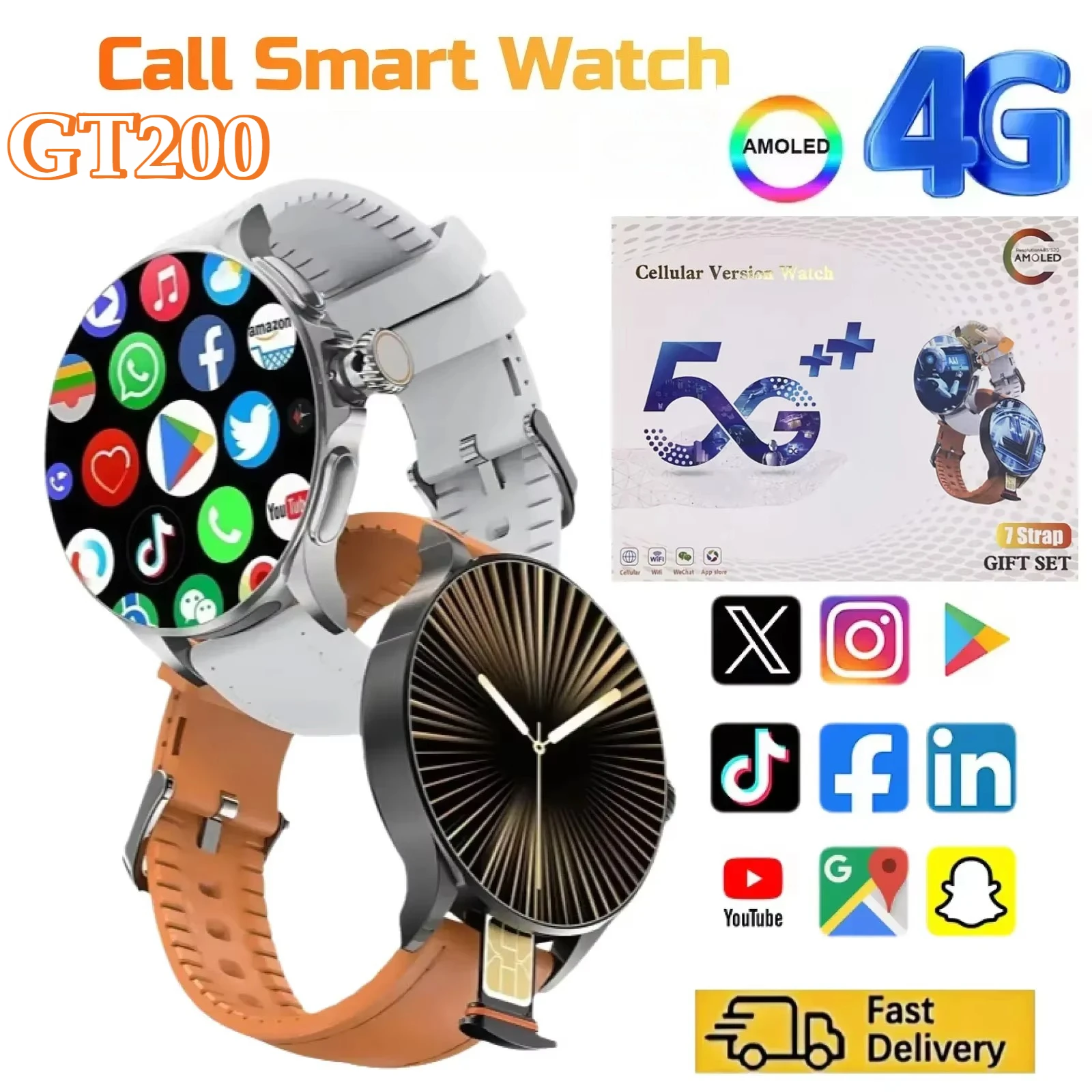 GT200 5G SmartWatch with SIM Card Slot 1.95 AMOLED Screen 256GB Storage 190 Degree Rotating Camera GPS WiFi App Download for Men