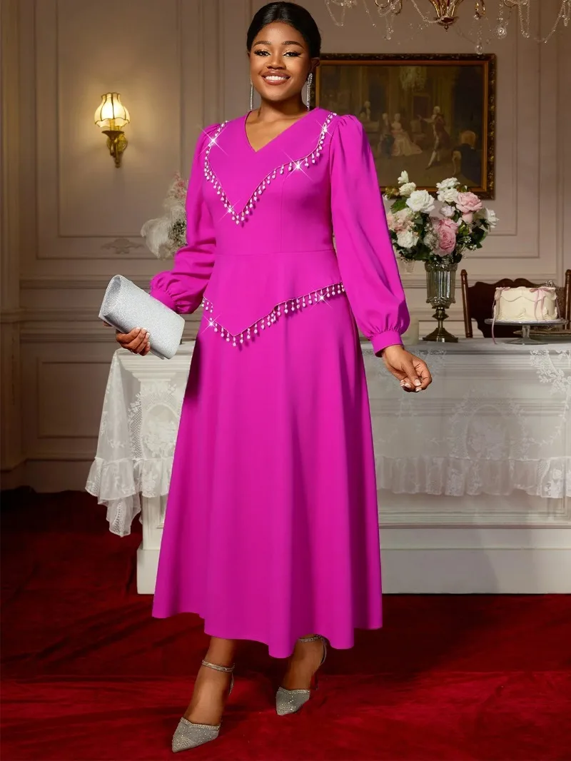 

Elegant Autumn Fashion African Women Long Sleeve V-neck Polyester Plus Size Party Evening Long Maxi Dress Dashiki African Dress