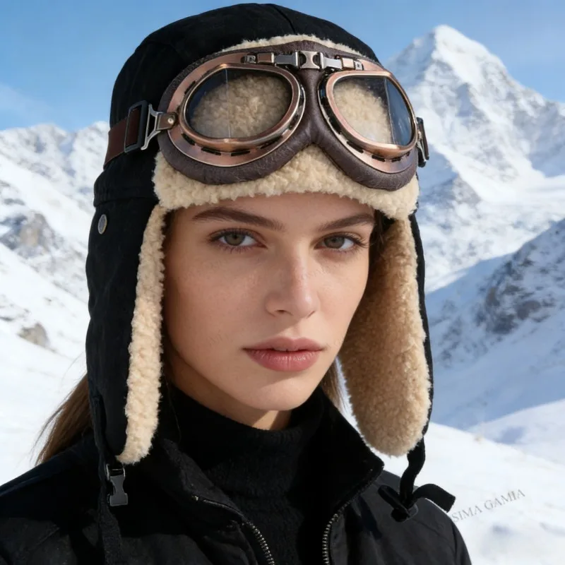 

Ретро шапка-пилот с очками для зимнего катания на лыжах, шапка с защитой ушей, ветрозащитная уличная лыжная шапка, теплые шапки для катания на лыжах, кемпинга