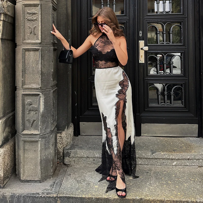 Rückenfreies Neckholder-Maxikleid aus Spitze, sexy, halbtransparent, mit hohem Seitenschlitz, ärmellos, Midi-Kleider, elegante Abend- und Ballkleider für Damen – Detail 5