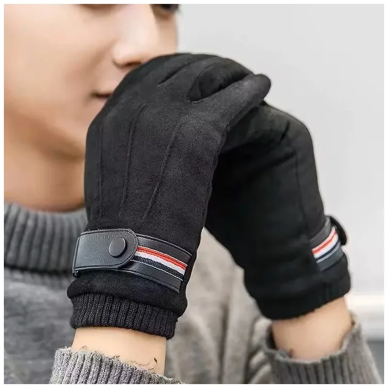 Winter Suede Gloves for Men Outdoor Riding Fishing Touch-Screen Warm Split Military Style Thickened Driving Buckle Ski Mittens