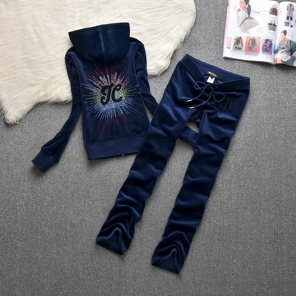 Juicy Cometure Velvet Tracksuit Women Sports Hoodie Crystal Decorated Three-Dimensional Pattern Velvet Suit 2pc Winter Women Sui