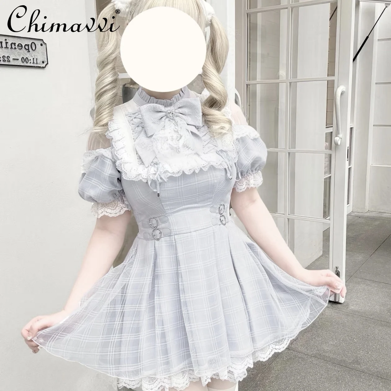 

Japanese Style Watercolor Mass-Produced Subculture Sweet Lace Girls Bow Short Sleeve Dress + Shorts Kawaii Lolita Two-Piece Set