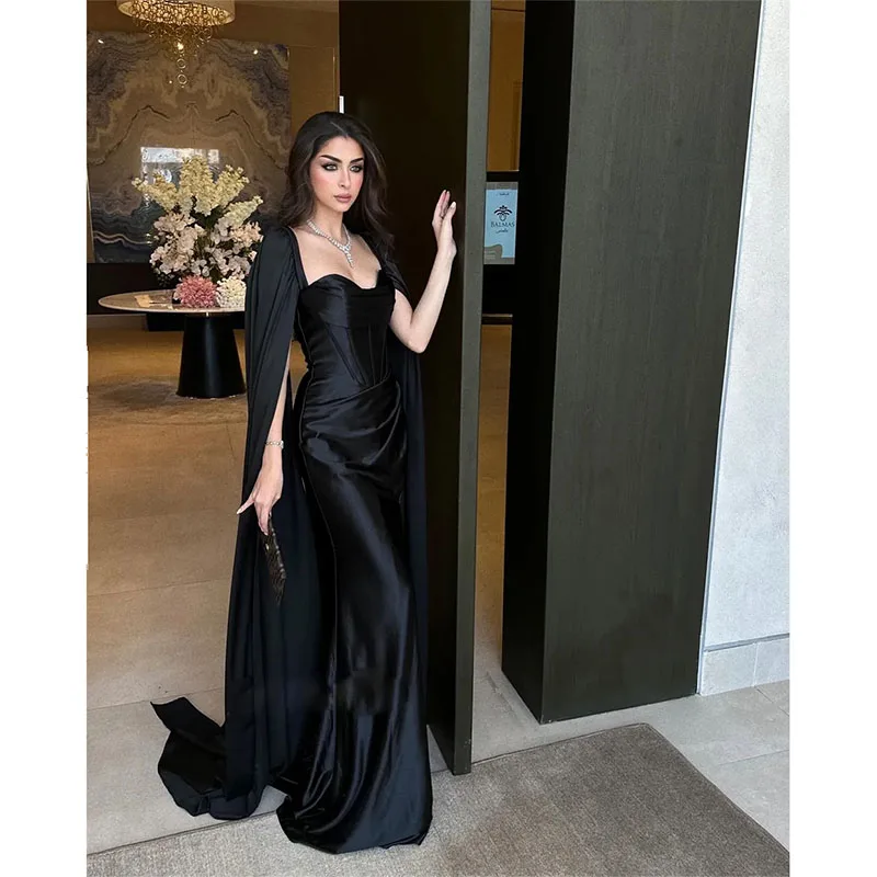 

Elegant Black Evening Dresses With Cape Sweetheart Draped Prom Gown Sweep Train Wrap Formal Vestidos de Novia