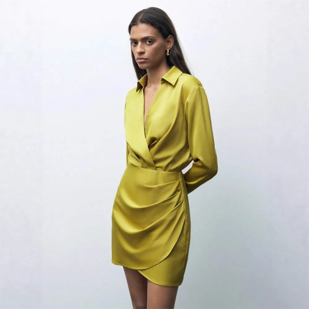 Spring Autumn New Satin Women's Long Sleeve Dress Fashion Pleated Elegant Female High Waist Dresses Short Skirt 2025