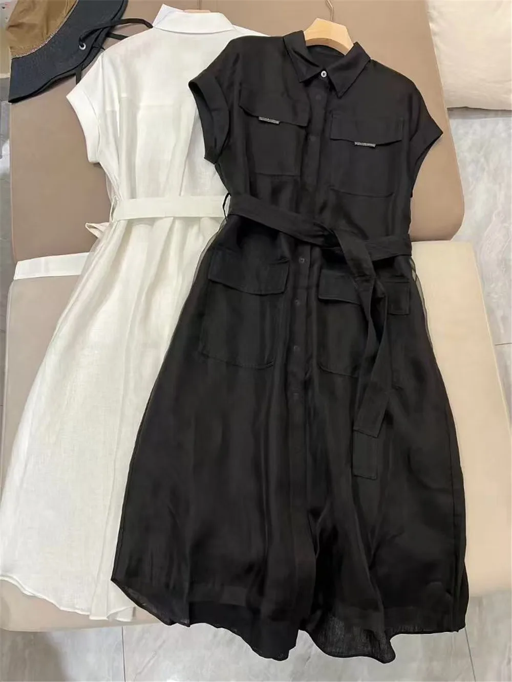 

High Quality Ladies Short Sleeve Shirt Dress Summer Silk Waist-Slim Mid-length A -line Dresses