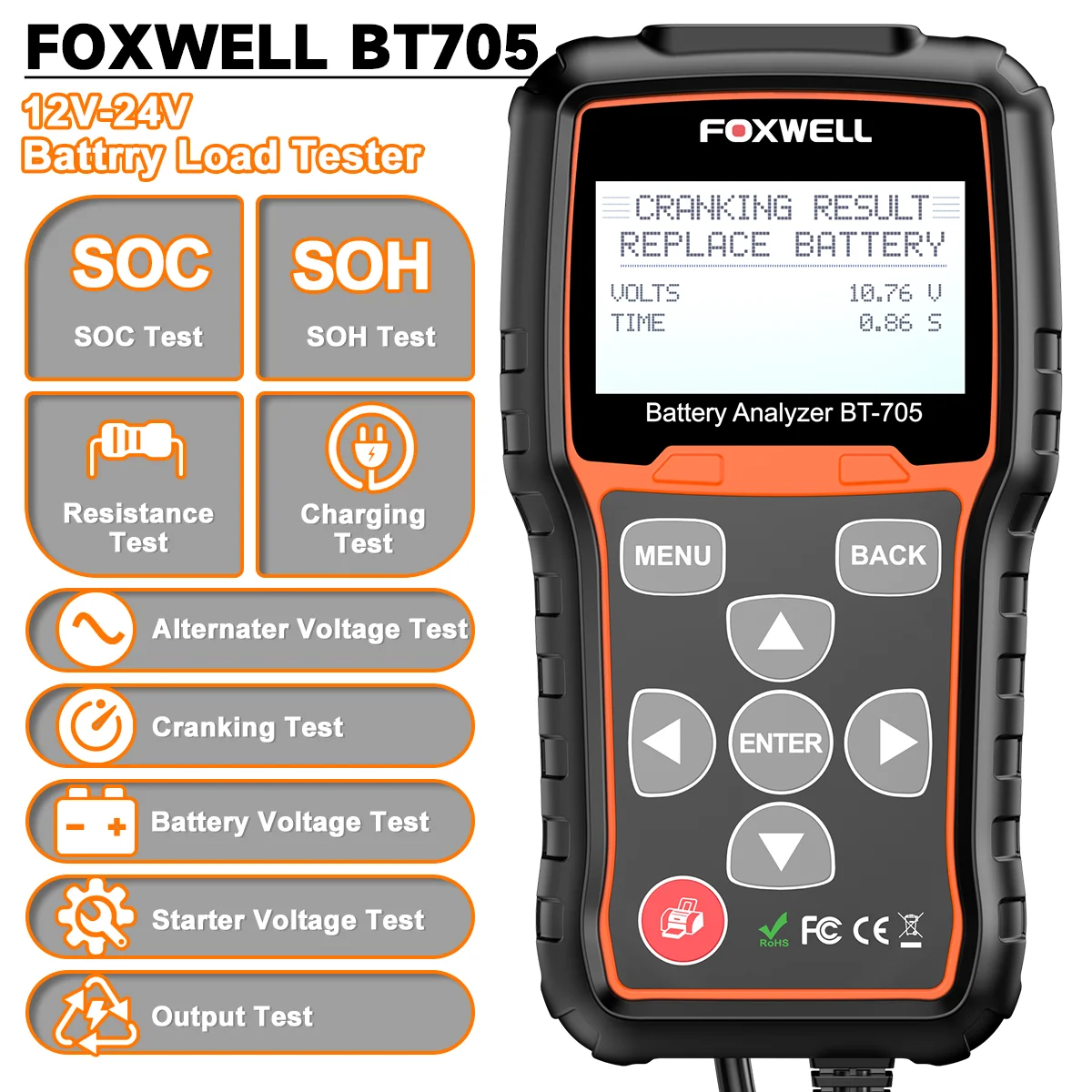 

FOXWELL BT705 Car Battery Tester 12V 24V Automotive 100-2000CCA Battery Load Test Battery Analyzer Charging System Tester