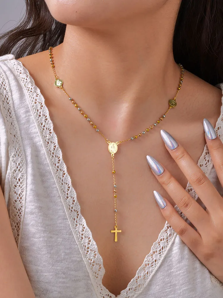 

Tri-Color Diamond Cut Beaded Chain Necklace for Women, Virgin Mary Medal Cross Y-shape Necklace Fashion Jewelry Gift for Party