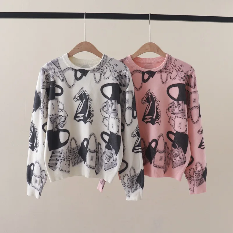 Women's Sweater Anime Horse Graphic Printing Pullover Sweater Women Clothing Harajuku Long Sleeve Jumper Knit Tops Y2k Clothes