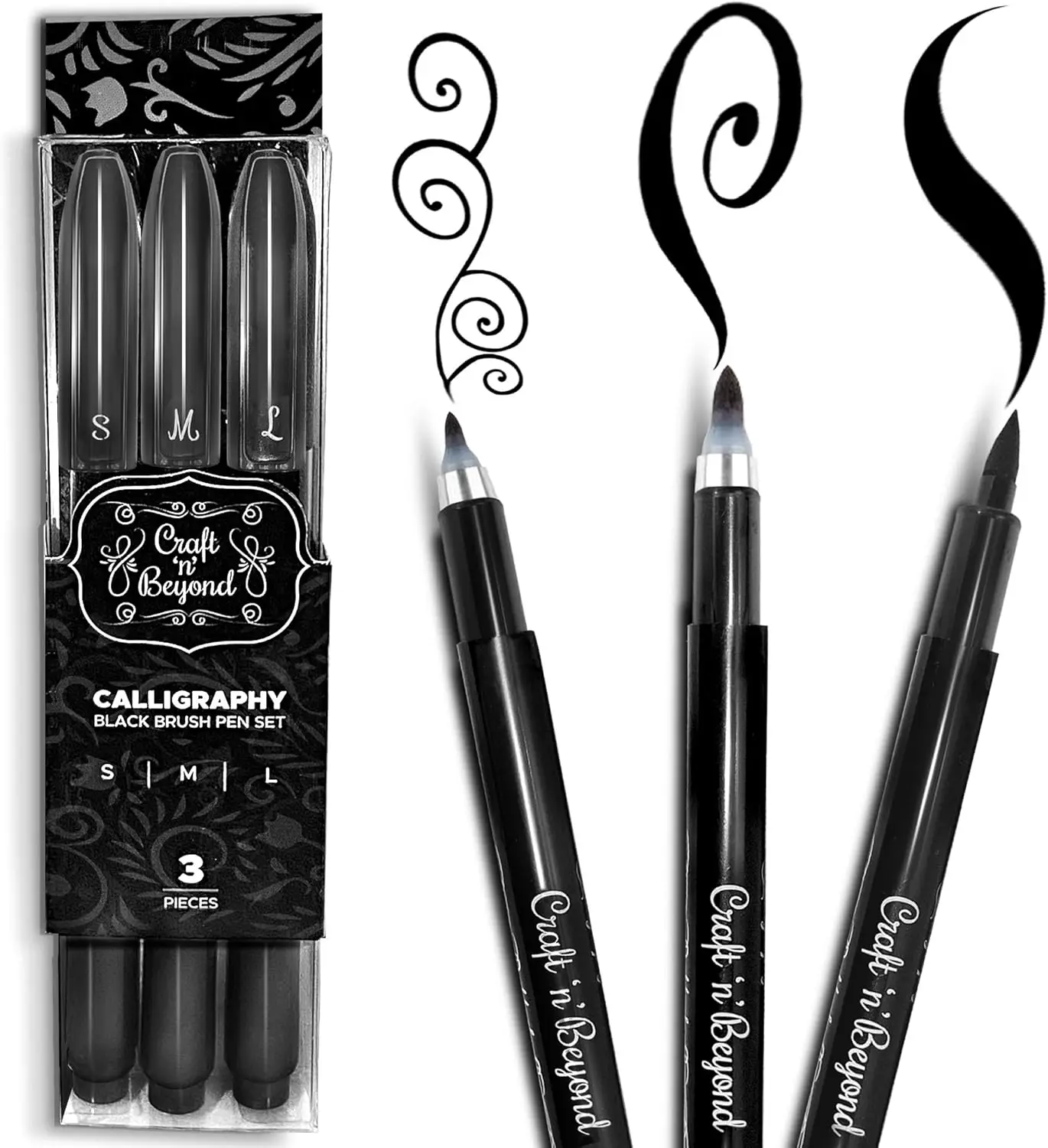 

Calligraphy Brush Pens Set of 3 Sizes for Hand Lettering, Art Drawing, Sketching - Fadeproof Black Ink Beginner Kit