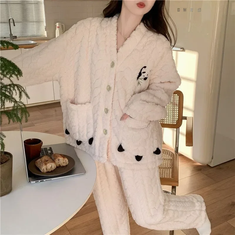 Panda Pajama Woman Autumn and Winter Coral Velvet 2025 New Thickened Velvet Cartoon Warm Outside Wear Home Wear Set Nightgown