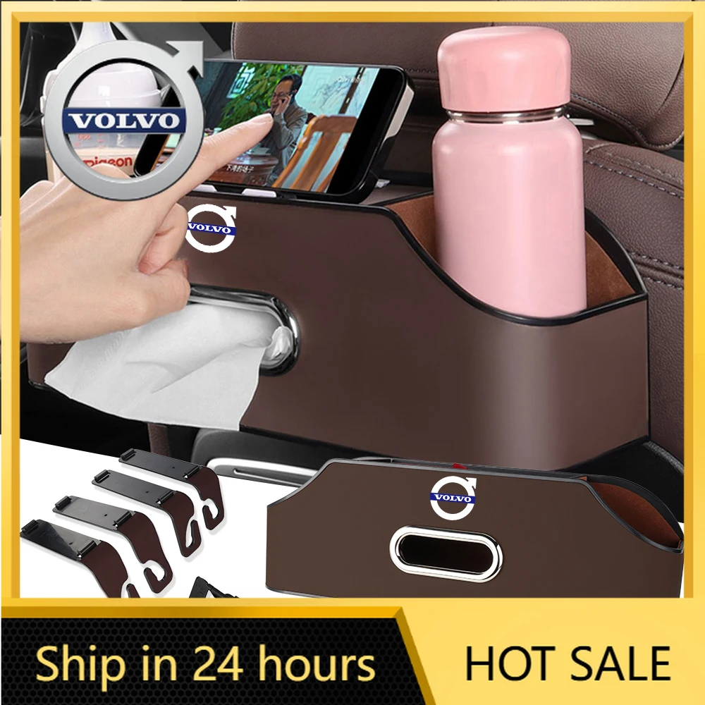 

2026 New For Volvo Emblems Car Seat Back Storage Box with Hook Tissue Case Cup Holder Accessories For Volvo V40 V50 XC60 V90 XC9