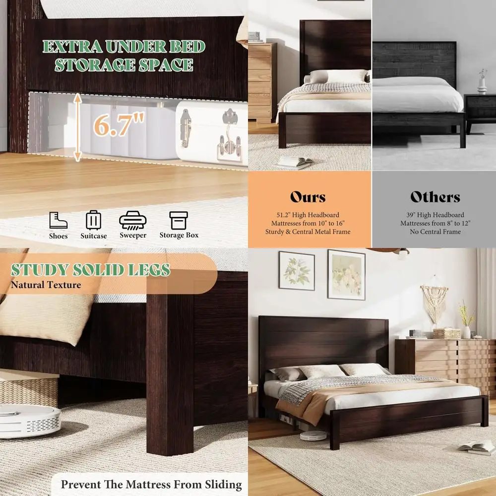 

Rustic Walnut King Size Platform Bed with Spliced Wood Slats, No Box Spring Needed