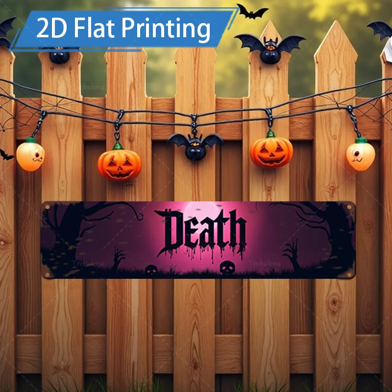 1pc Metal Sign, 4x16inch Halloween "Death" Scene Flat Printing Metal Sign with Pumpkin and Bat Decorations