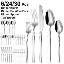 6/24/30Pcs Thin Cutlery Stainless Steel Sliver Tableware Western Dinner Set Solid Color Knife Fork Spoon Mirror Kitchen Utensils