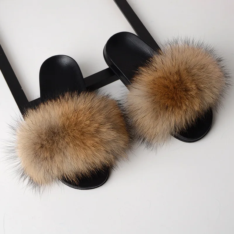 Women Raccoon Fur Slides Slippers Open Toe Slip On Flat Indoor Plush Slippers Home Bedroom Fuzzy Casual Outdoor Comfy Sandle