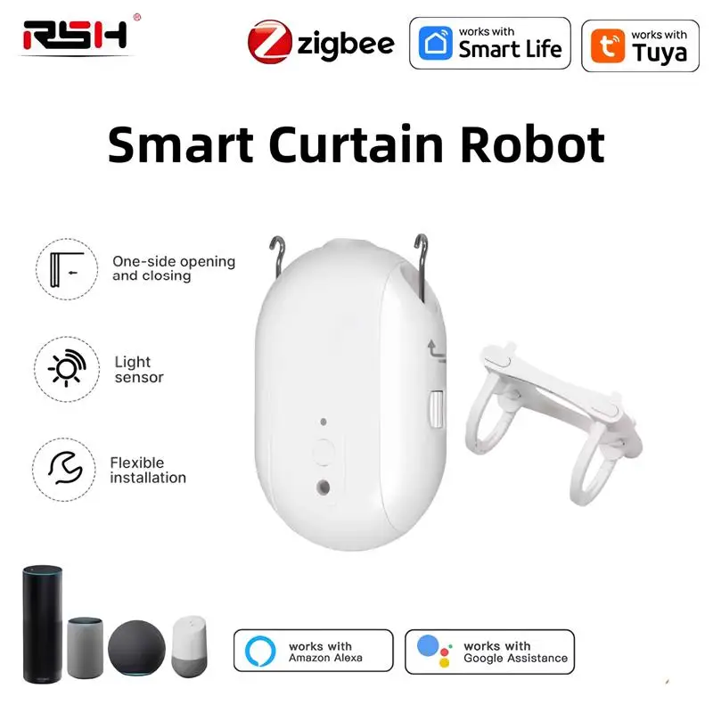 RSH Zigbee 투야 스마트 전기 커튼 로봇, 타이밍 자동 오프너 클로저 라이트 센서, 앱 리모컨 지지대, 알렉사 구글홈 