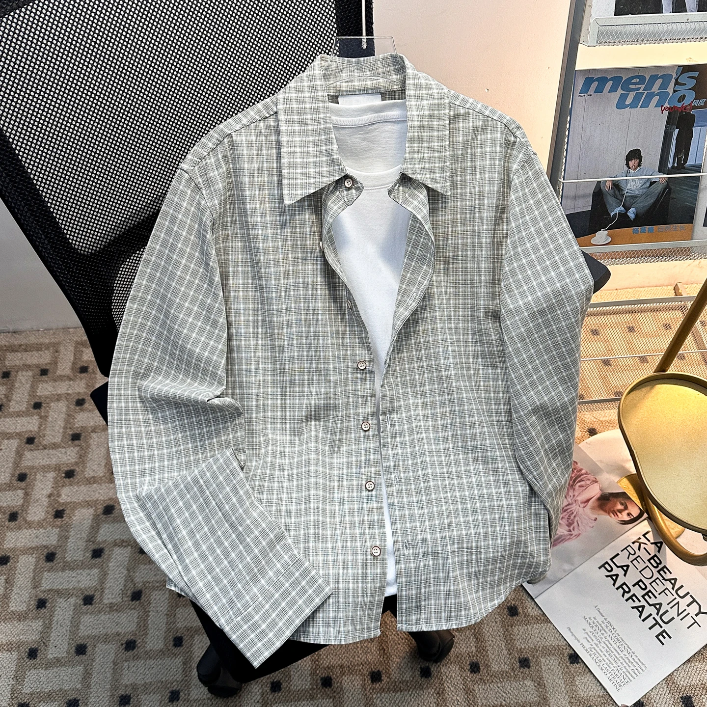 

American Retro Long Sve irt Men's Basic Casual Commute Spring Autumn Inner Wear Plaid irt Loose Fit Youth Trend
